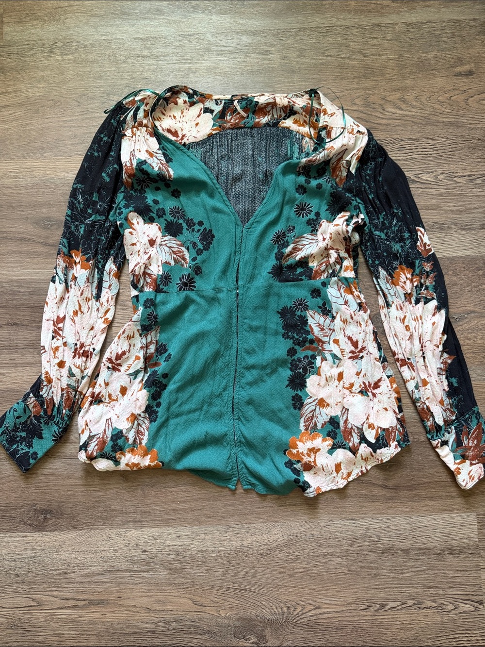 Free People Teal Floral V-Neck Long Sleeve Dress Top